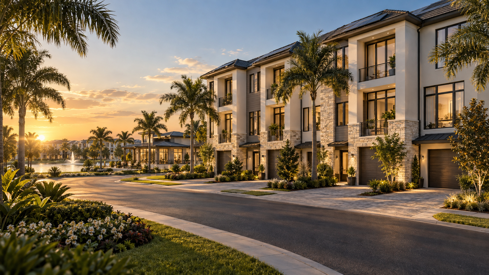 Luxury Sandhill Shores townhome community at sunset